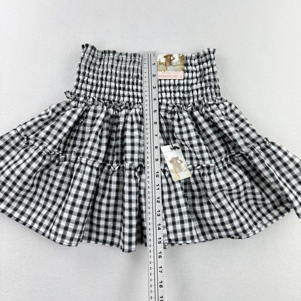 Sincerely Jules Tiered Smocked Skirt White‎ Black Plaid Size S Womens NEW - Picture 9 of 9